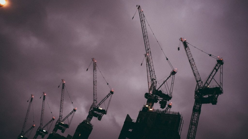 silhouette of crane under cloudy sky during daytime